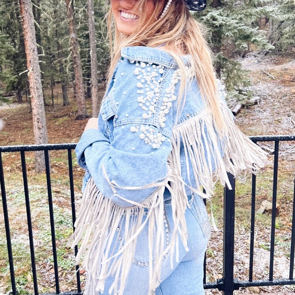 One of a kind!!! HANDCRAFTED!!!! Rhinestone Cowgirl Fringe Jean Jacket - Picture 2 of 4